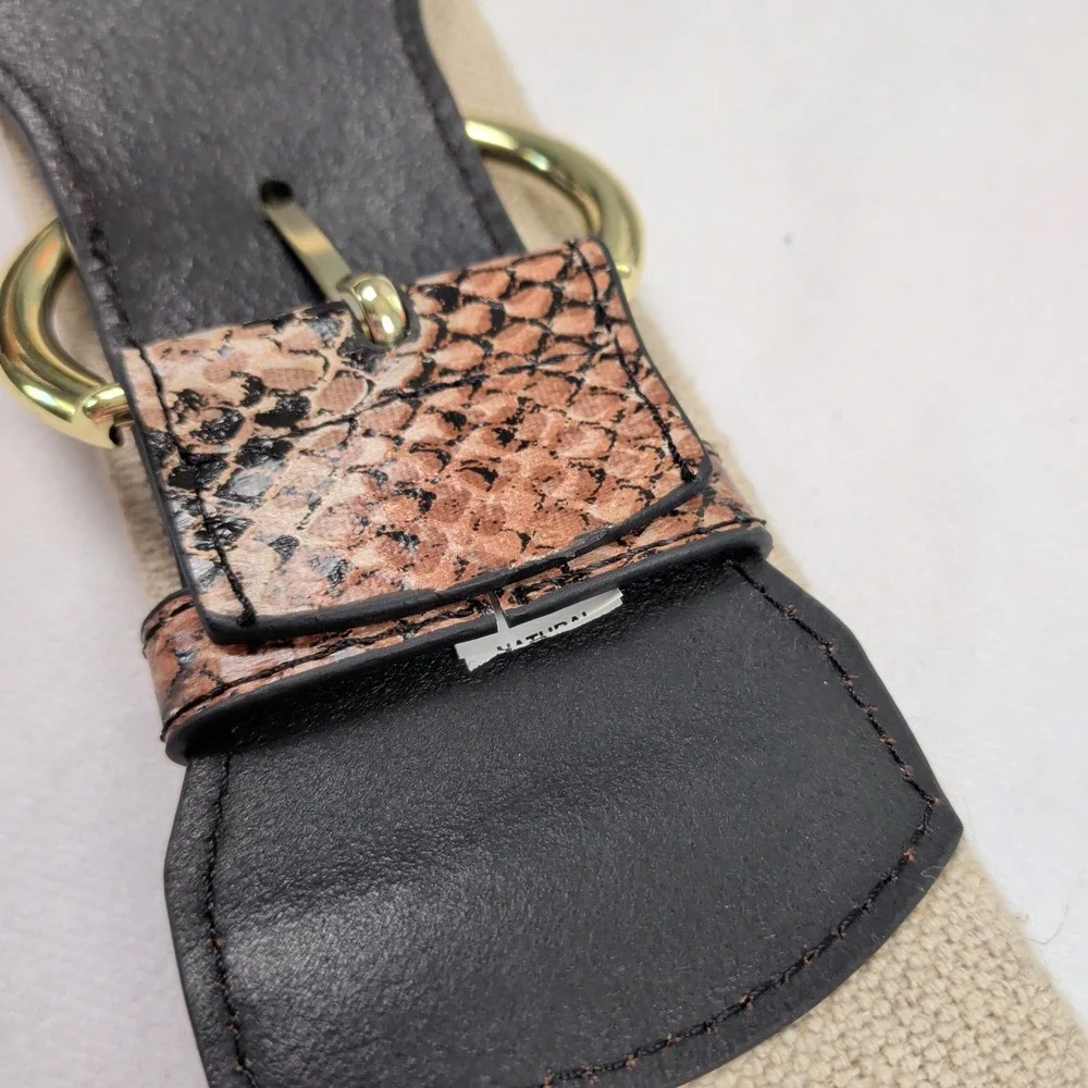 Snakeskin Print Elastic Cinch Waist Belt Gold Buckle Wide Boho Earthy